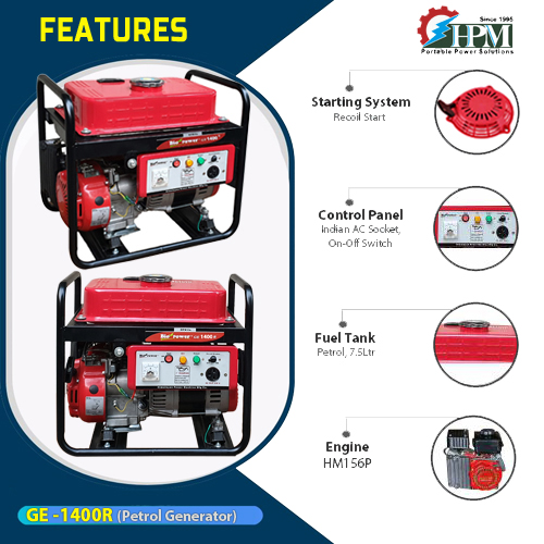 1.2 KVA Petrol Generator, Model GE-1400R, Recoil Start